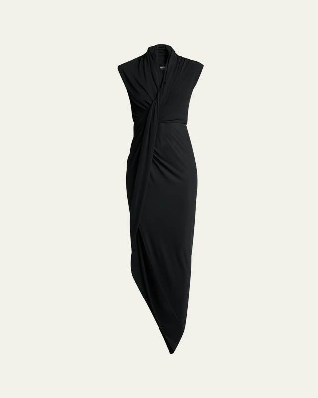 Draped Sleeveless Asymmetric Midi Dress